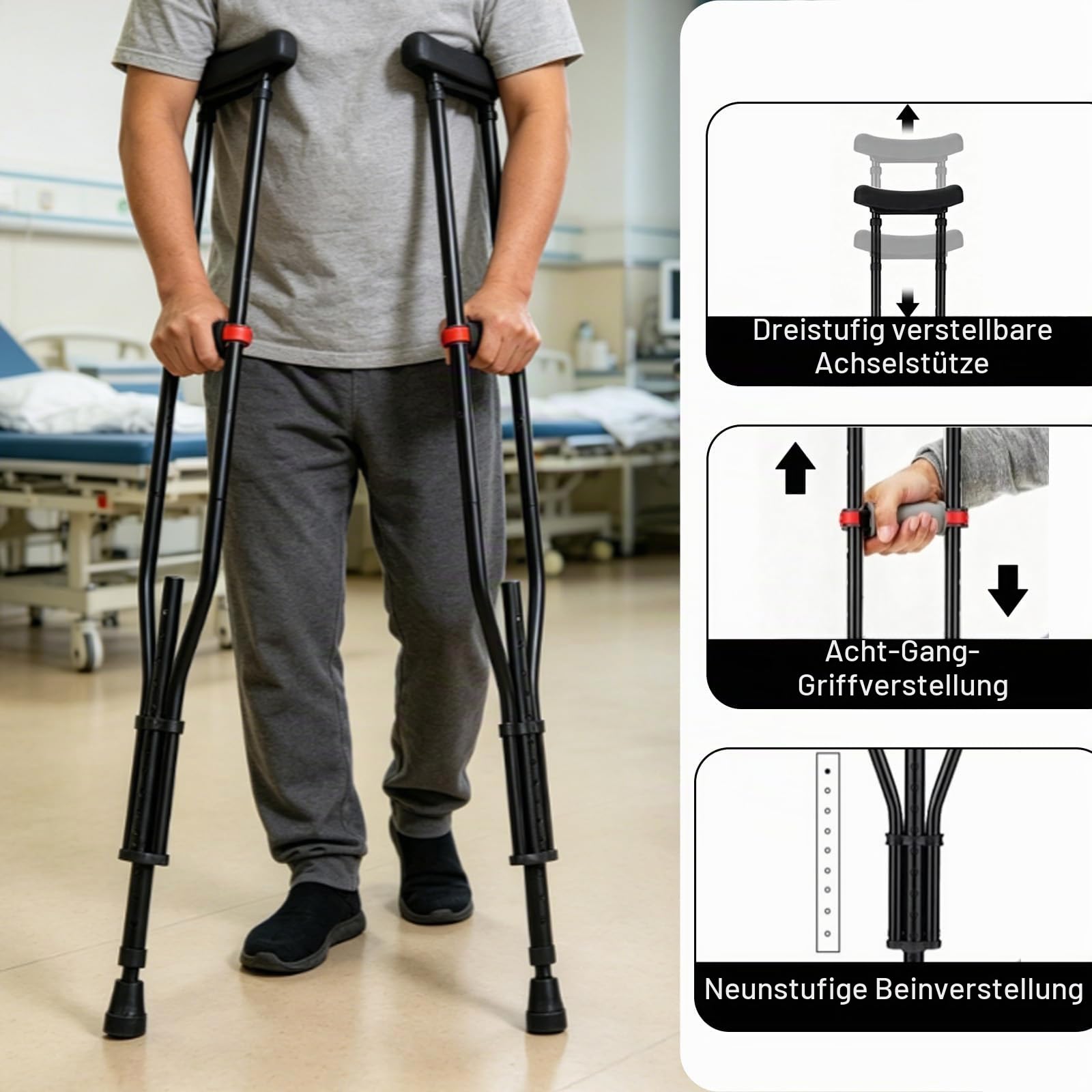 Krücken,Achselkrücken,Achselkrücken Höhenverstellbar,1 Paar(2pcs),Höhenverstellbar,Mit Weichen Unterarm-und Handauflagen