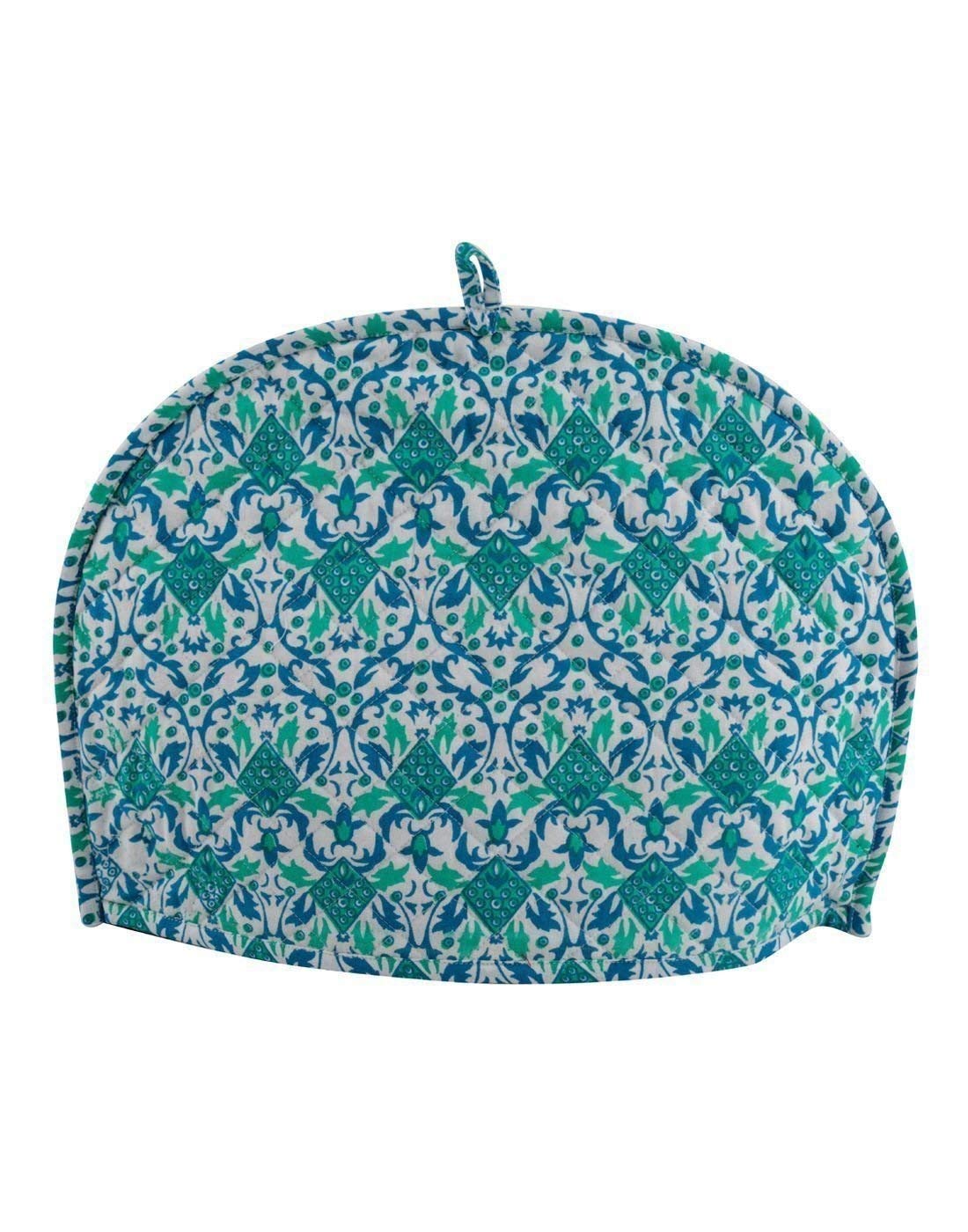 Green Ombre Mandala Cotton Tea Cozy, 14x14x11 Inches, Hand Screen Printed, Insulated, Easy Storage Loop