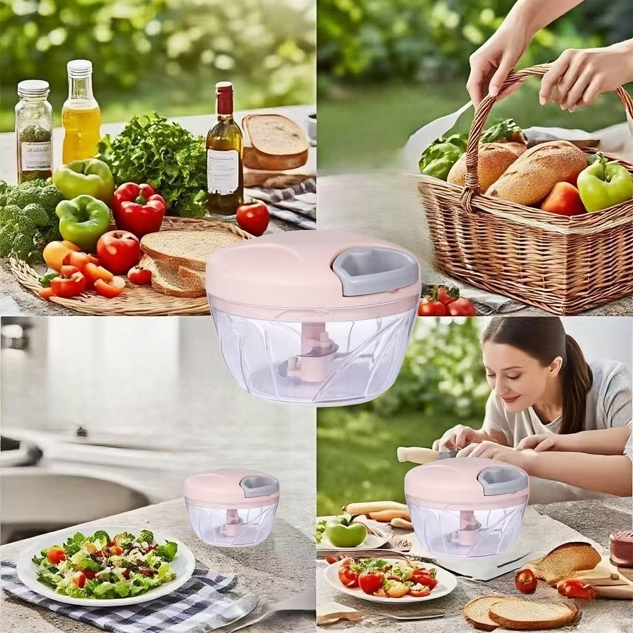 Procesador manual de alimentos, picador de verduras, picador de ajo portátil con cuerda de mano, cortador de cebolla para verduras, jengibre, ajo, frutas, cebolla, papa, ensalada (rosa, 16.9 fl oz) 7