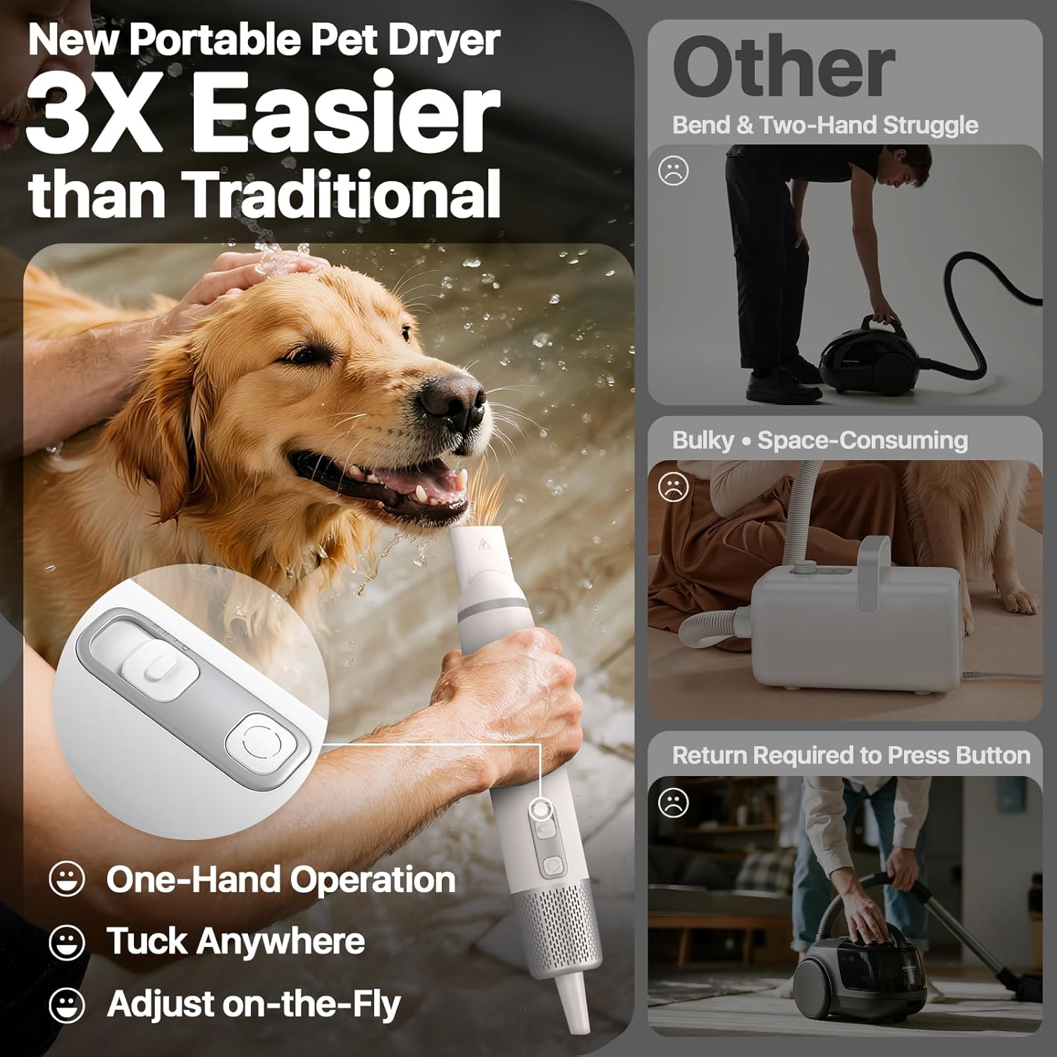 Dog Dryer Handheld Pet Hair Dryer, 3HP High-Velocity Blower with 3 Speeds & 4 Temps Lightweight, Quiet Design. Portable Blow for Travel & Home Grooming. Includes 3 Nozzles (White) - Image 7