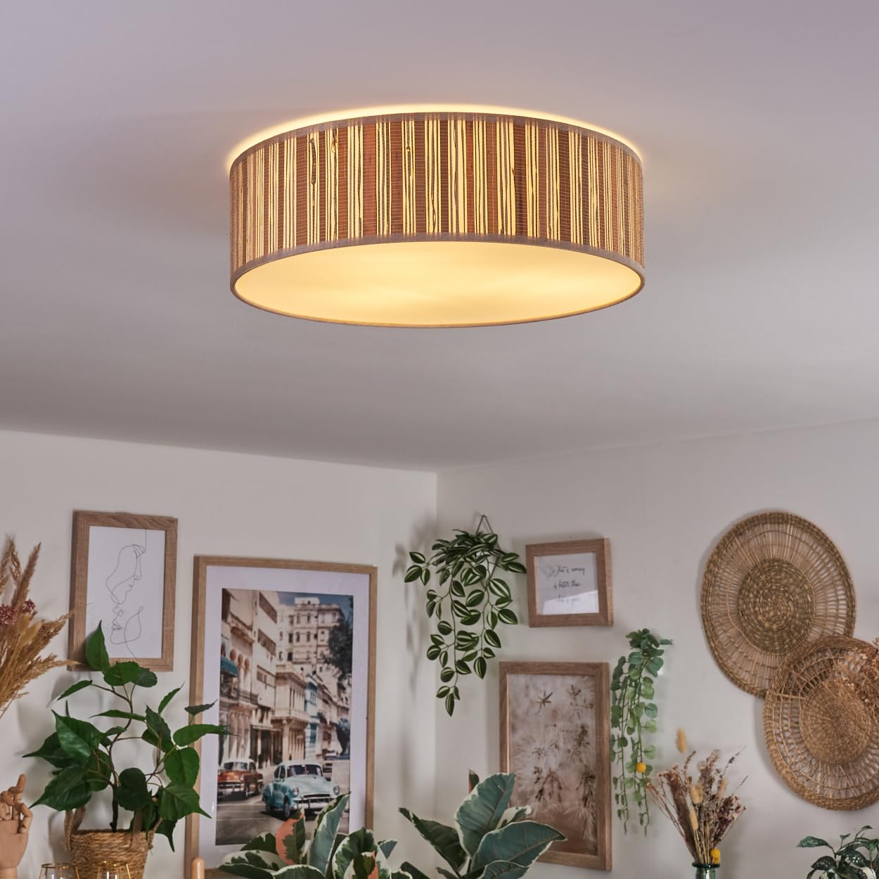 HOFSTEIN Deckenleuchte Antillo, Deckenlampe aus Metall/Binsenstroh/Kunststoff in Weiß/Natur/Braun, runde Leuchte im modernen Boho-Design (Ø 40 cm), E27, Esszimmer, Wohnzimmer, Schlafzimmer, Küche