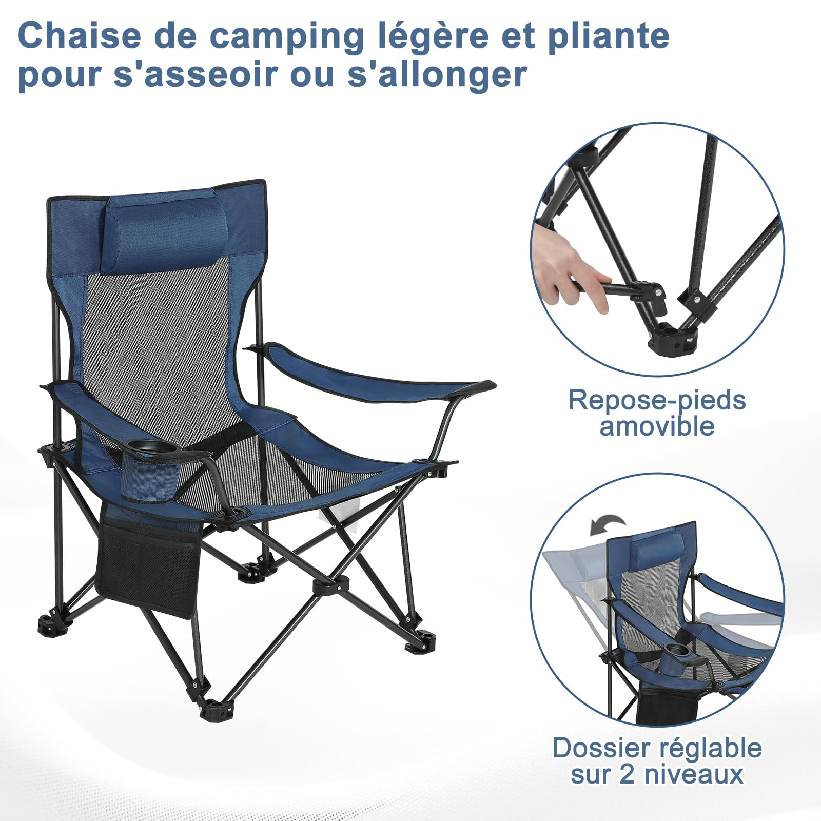 eSituro Chaise de Camping Pliante, Chaise de Pique-Nique Légère, Portable, Dossier Réglable à 2 Positions, pour Camping, Extérieur (1, Bleu)