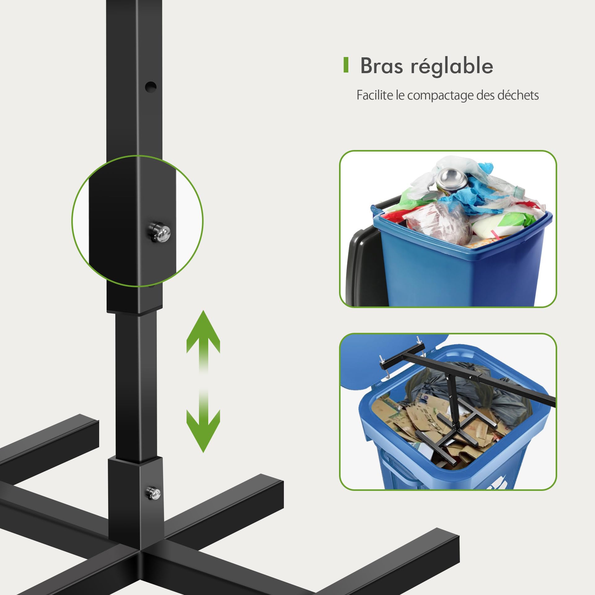 Mimoke Compresseur de déchets manuel - Hauteur réglable | Sans contact, Pour poubelles de 120 à 660 l, Hygiénique, peu encombrant et robuste