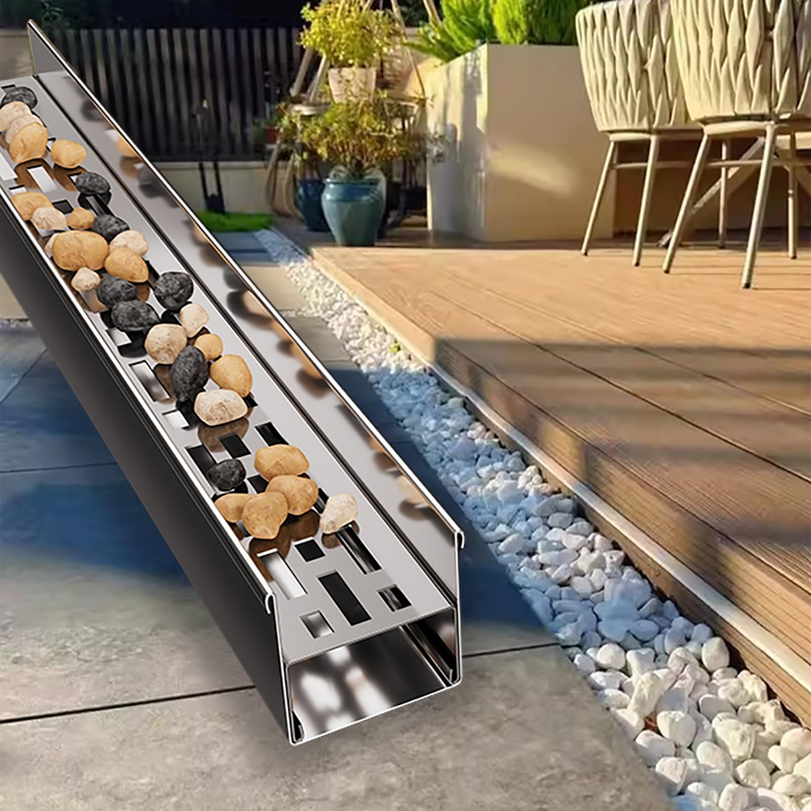 Drainage de tranchée en U pour terrasse extérieure avec évacuation béton et sol