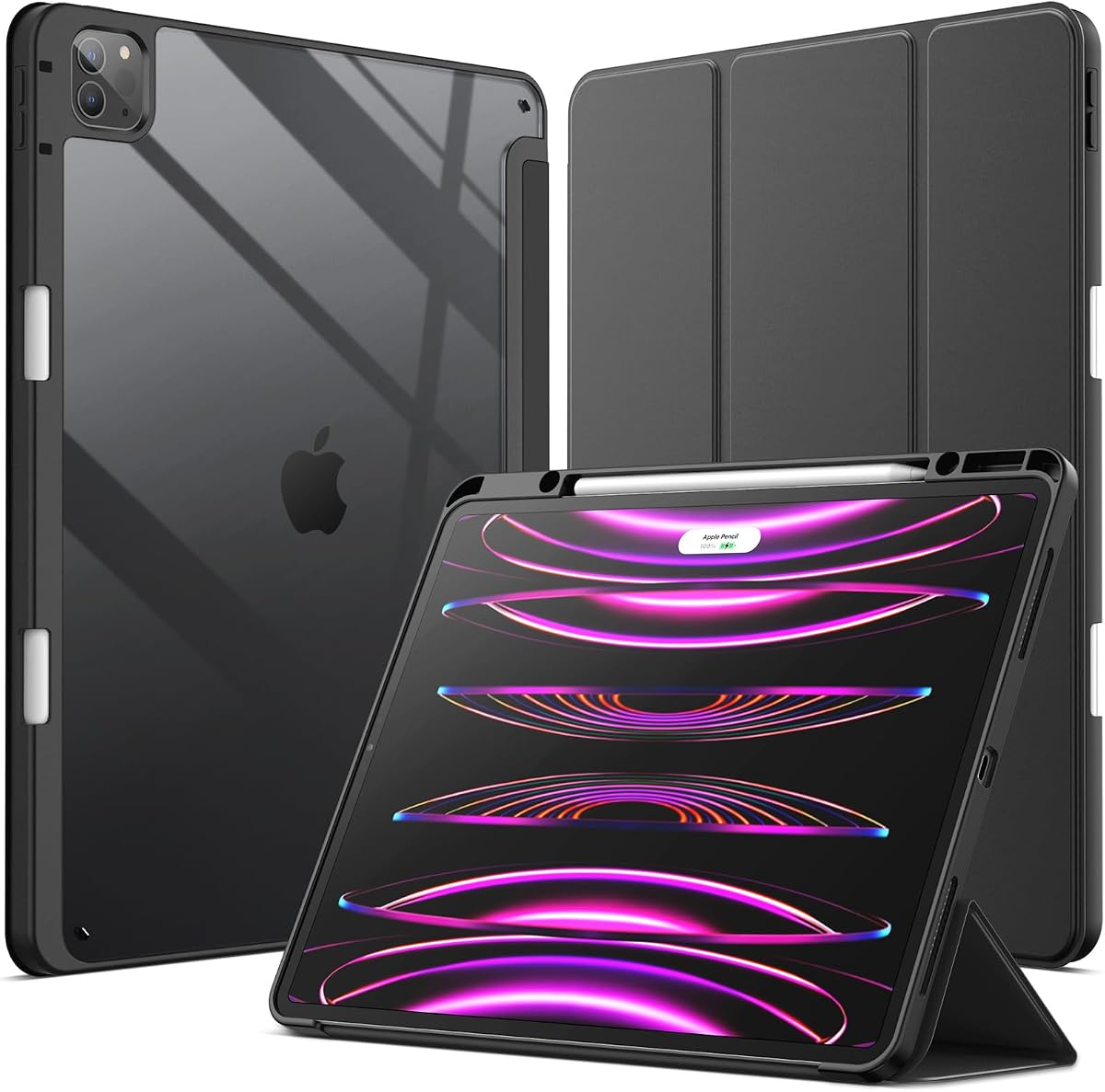 JETech Case for iPad Pro 12.9" 6/5/4/3, Black | Cover for 2022/2021/2020/2018 Model, Clear Back, Pencil Holder, Slim Shockproof, Tri-Fold Stand, Auto Wake/Sleep
