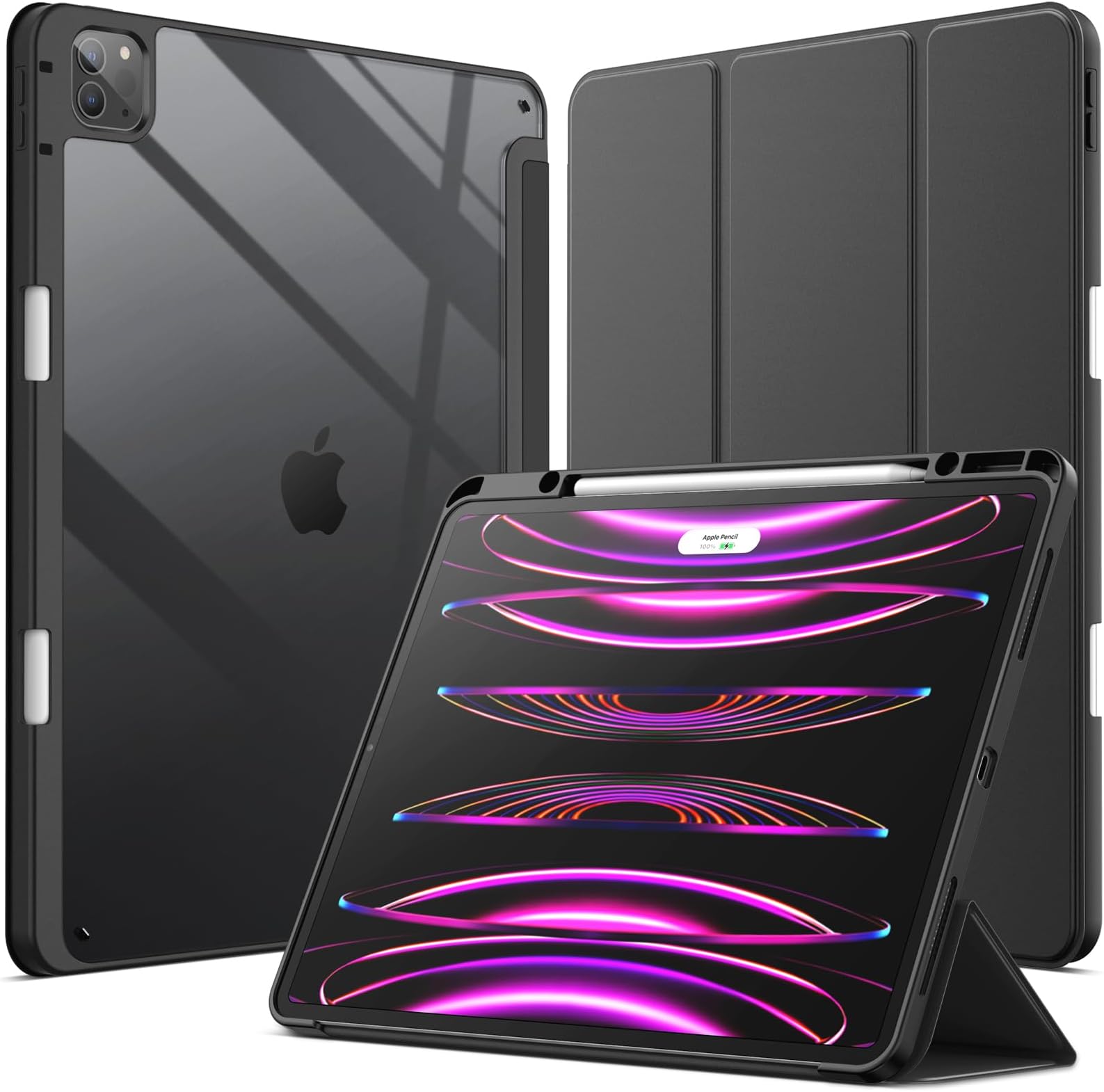Case for iPad Pro 12.9-Inch (2022/2021/2020/2018) with Pencil Holder, Clear Transparent Back Shell Slim Stand Shockproof Tablet Cover, Auto Wake/Sleep (Black)