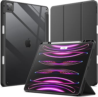 JETech Case for iPad Pro 12.9-Inch 2022/2021/2020/2018 with Pencil Holder, Clear Transparent Back Shell Slim Stand Shockproof Tablet Cover, Auto Wake/Sleep Black
