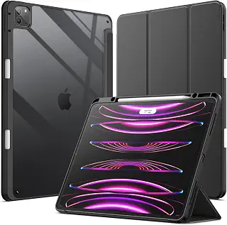 JETech iPad Pro 12.9インチ 6/5/4/3 (2022/2021/2020/2018)用 ケースカバー (ブラック) | 透明クリア背面・Pencilホルダー・薄型耐衝撃保護・三つ折りスタンド・オートウェイク/スリープ