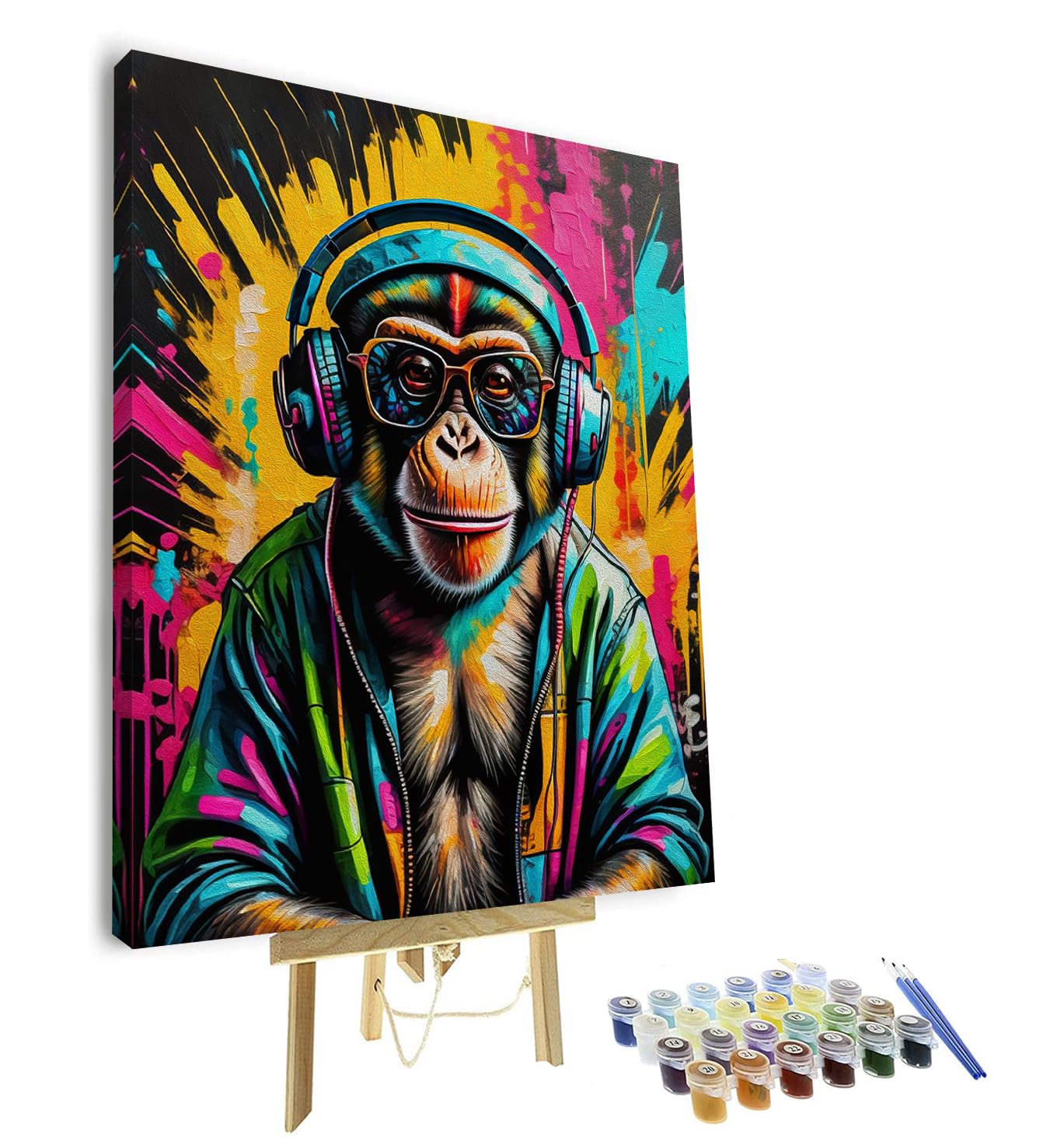 TISHIRON Paint by Numbers for Adult, Headphones and Sunglasses DJ Monkey Paint by Numbers Kits On Canvas, DIY Graffiti Style Adult Paint by Numbers, Framed Paint by Numbers for Adults and Beginner