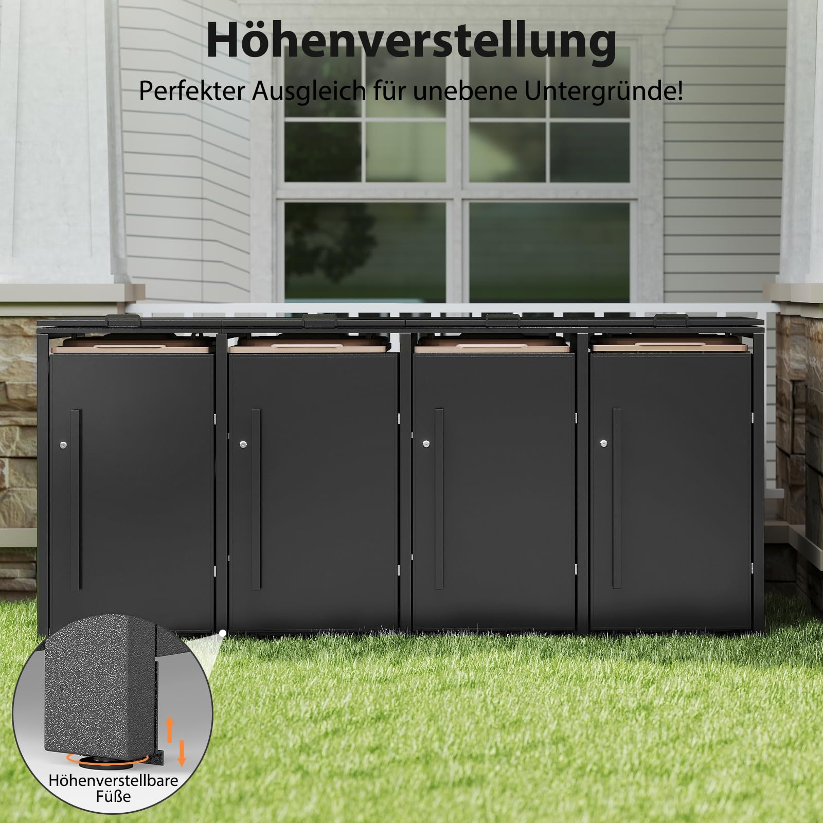 Youyijia Metallische Mülltonnenbox für 120-240 Liter, 264 x 80 x 116 cm, Mülltonnenlagerung für 4 Tonnen, Verzinktes Stahl-Müllschuppen, Außendeckel mit abschließbarer Tür für Garten und Hinterhof