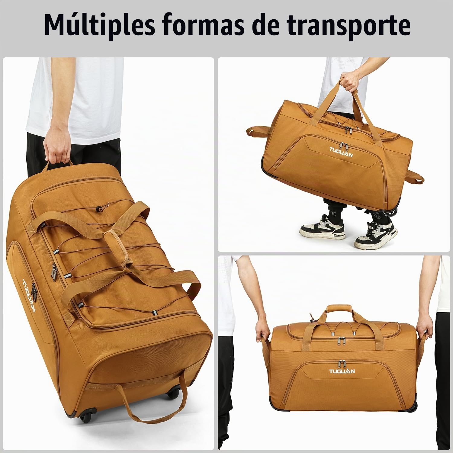TUGUAN Bolsa de Viaje Plegable con Ruedas Grande 110L Bolsas de Equipo Deporte con Ruedas XL 28'' para Futbol Baloncesto Maletas de Viajes Camping Duffle Bag, Marrón