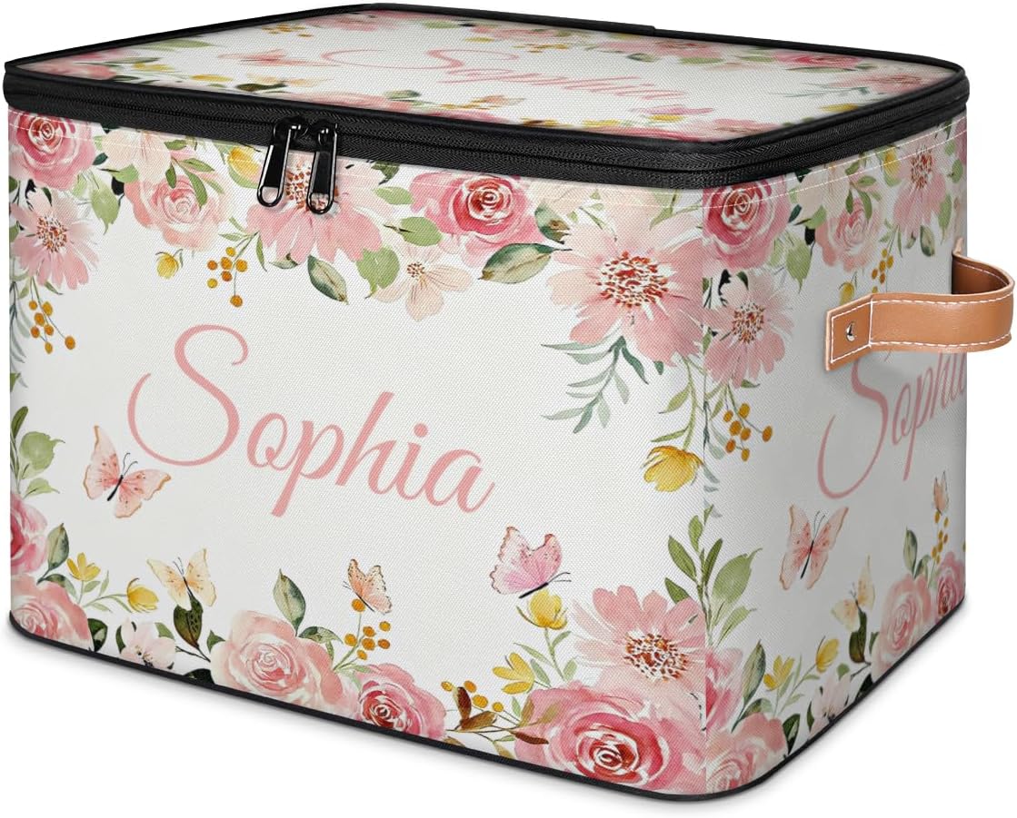 Custom Storage Bins with Zipper Lid Pink Rose Floral Lidded Storage Boxes Baskets Foldable Closet Shelf Clothes Organizer Container with PU Leather Handles