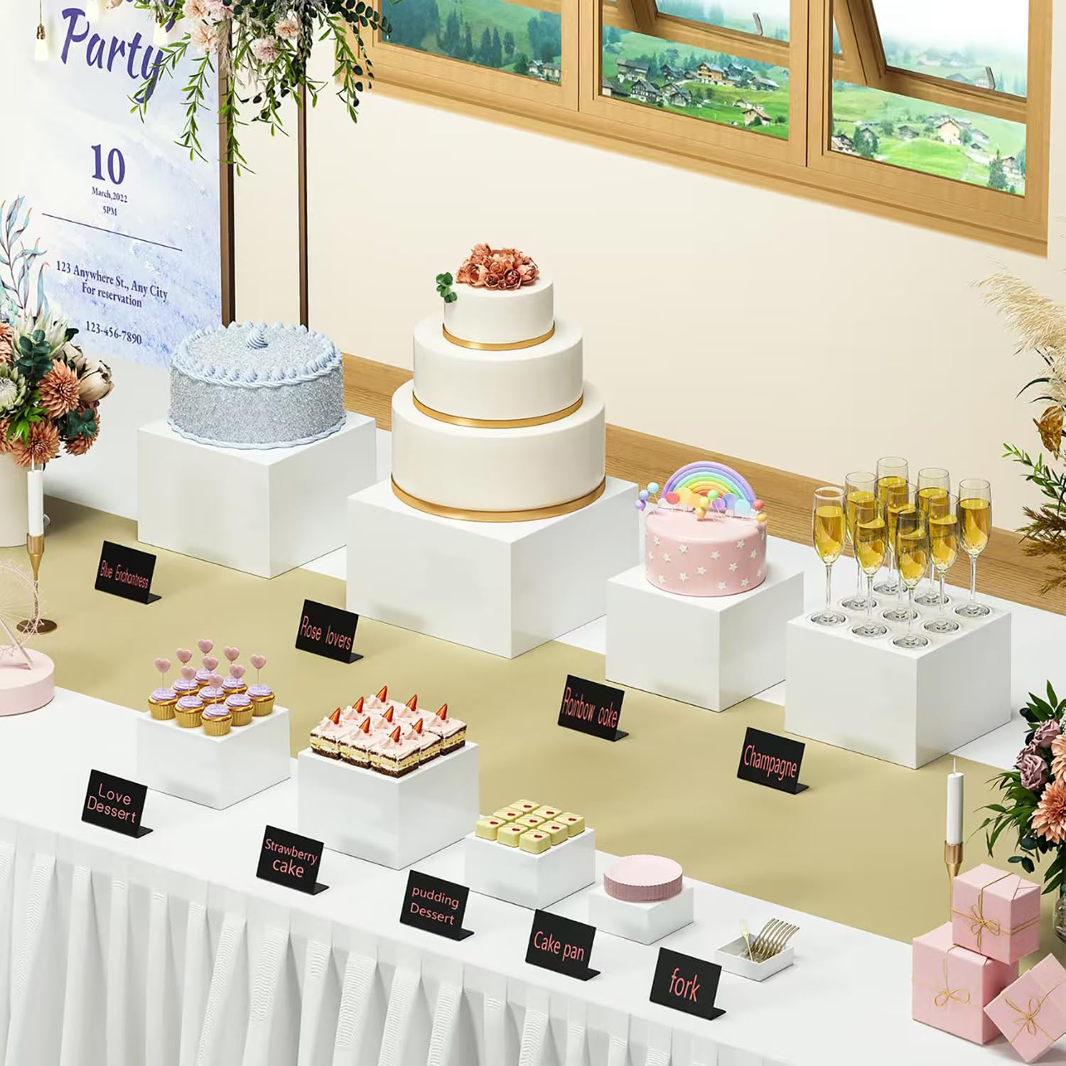 8 Pz Alzate di Display in Acrilico, Espositore da Buffet per Aperitivo, 3" -10" Supporto Cubico Annidabile Bianco per Torte, Dessert, Gioielli, Alzatine per Allestimenti