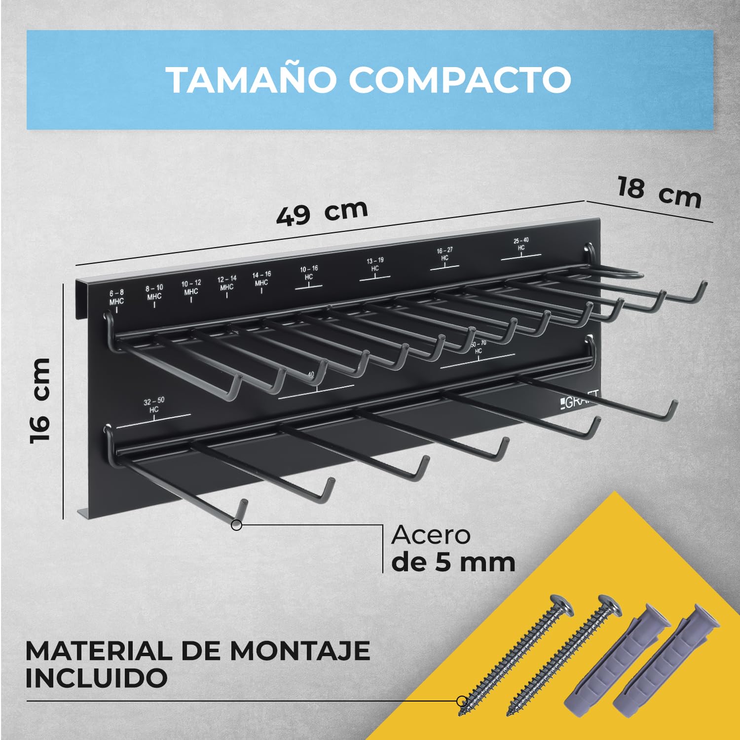 GRAFT juego abrazaderas y soporte pared | 227 pzs. | Incluye soporte y destornillador | Juego abrazaderas | Abrazaderas ajustables | Surtido de abrazaderas | Estante organizador