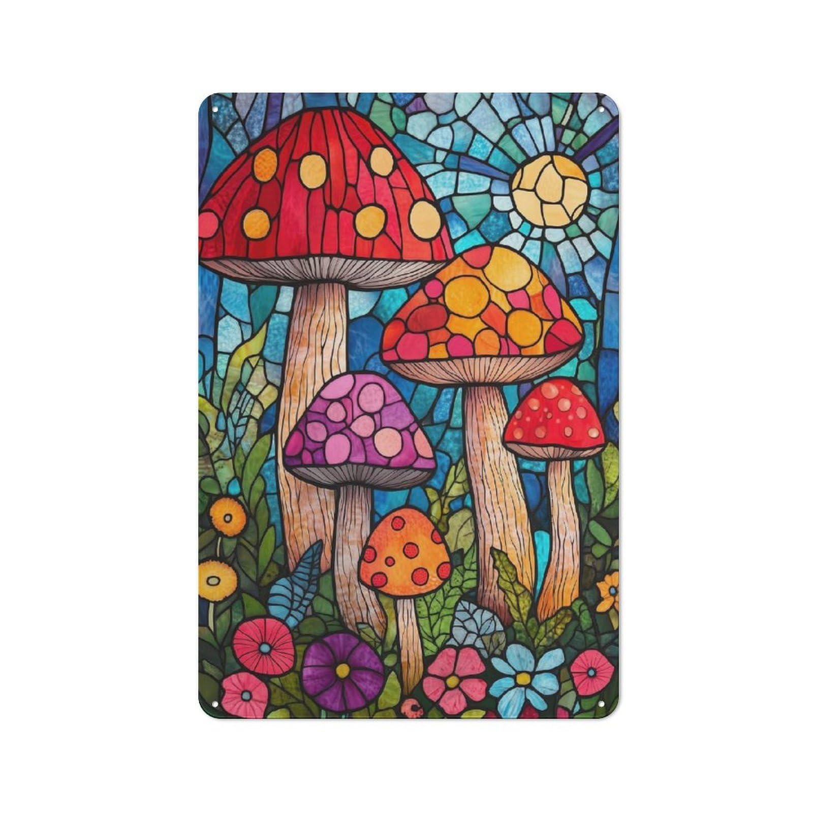 Stained Glass Mushrooms Retro Metal Wall Decor 30x20cm, Vintage Metal Sign for Cafe, Pub, Workshop Or Home Bar