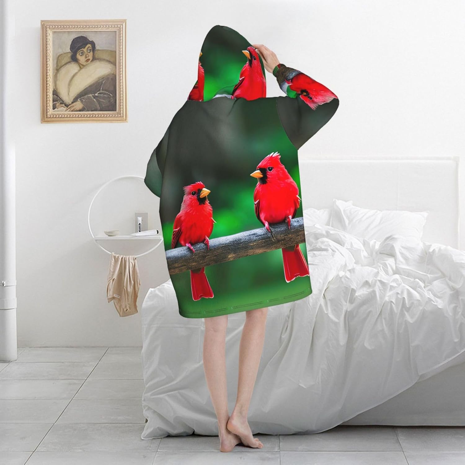 Red Cute Birdsprint Oversized Hoodie Blanket, Super Soft Warm Comfortable Hoodie, Wearable Blanket Adult