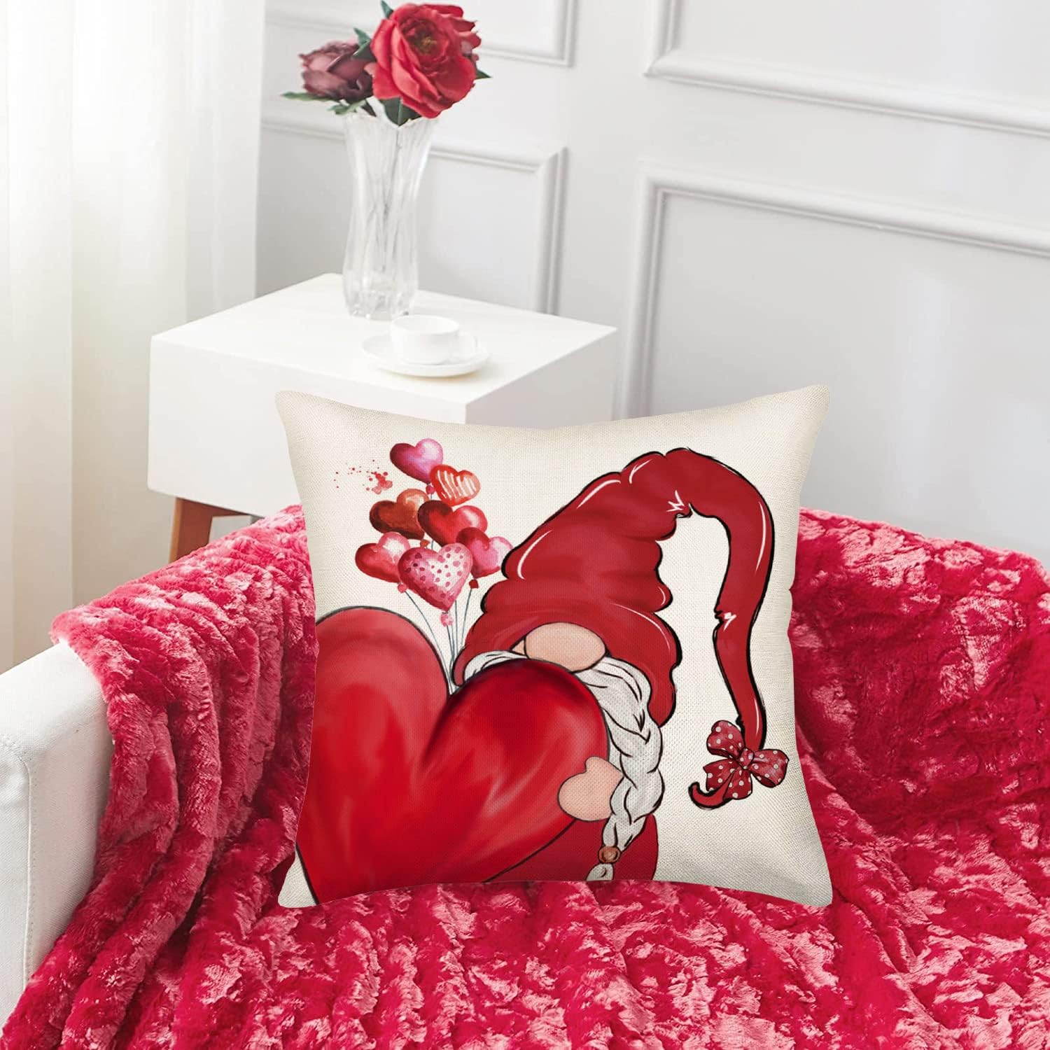 Happy Valentines Day I Love You More Pillow Covers Set of 4 Red and White Stripes with Love Heart Gnome Home Sofa Bedroom Decor Throw Pillow Cases 20x20 Inch, Cotton Linen