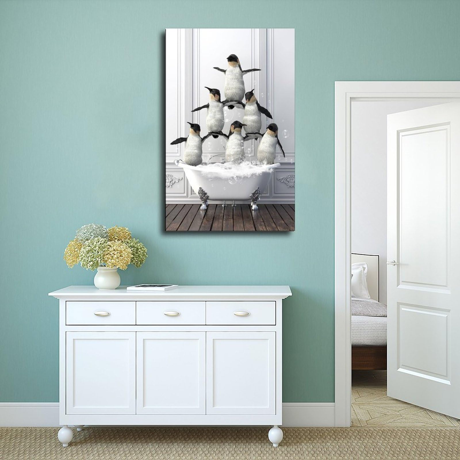 Poster Su Tela 'Pinguini Nella Vasca Da Bagno' – Decorazione Botanica 30,5 X 38,1 Cm Per Bagno