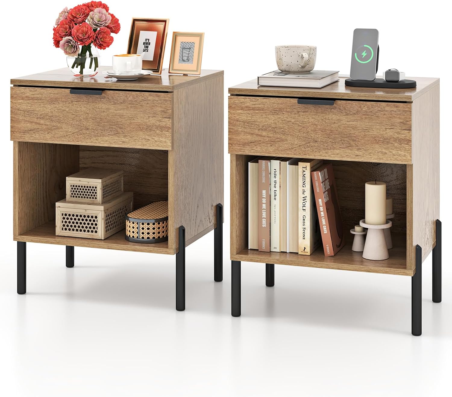 LOKO Nightstand with Charging Station, End Table Bedside Table with AC Outlet, 1 USB Port, 1 Type-C Port, Modern Side Table with Drawer, Elevated Metal Feet, for Bedroom, Small Space, Natural (2)