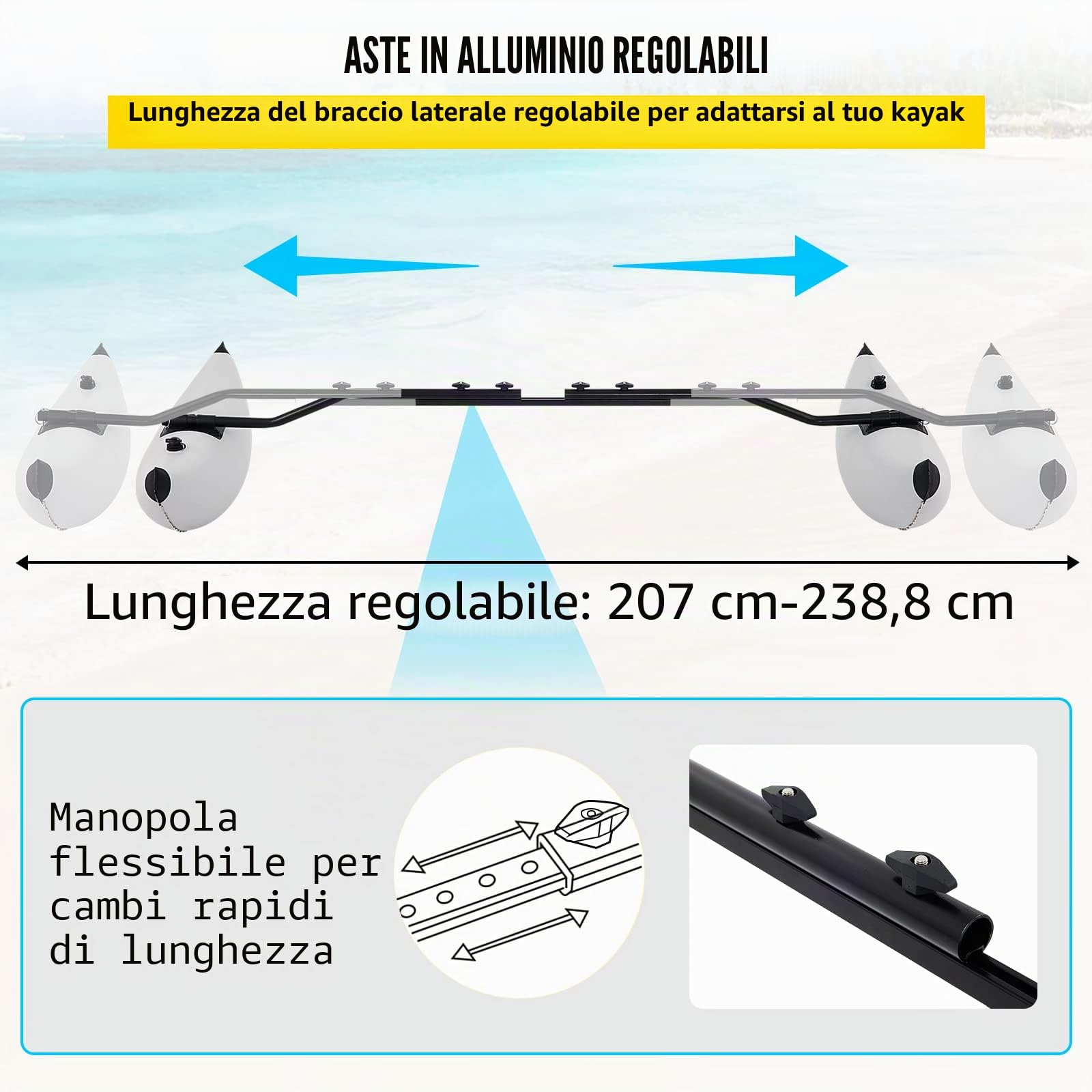 VEVOR Kit Kayak Galleggiante Gonfiabile Stabilizzatore in PVC con Bracci Laterali, 2 Pezzi Lunghezza Regolabile da 81,5 a 94 Pollici Stabilizzatore Gonfiabile per Kayak, Canoa, Nautica, Pesca, ECC