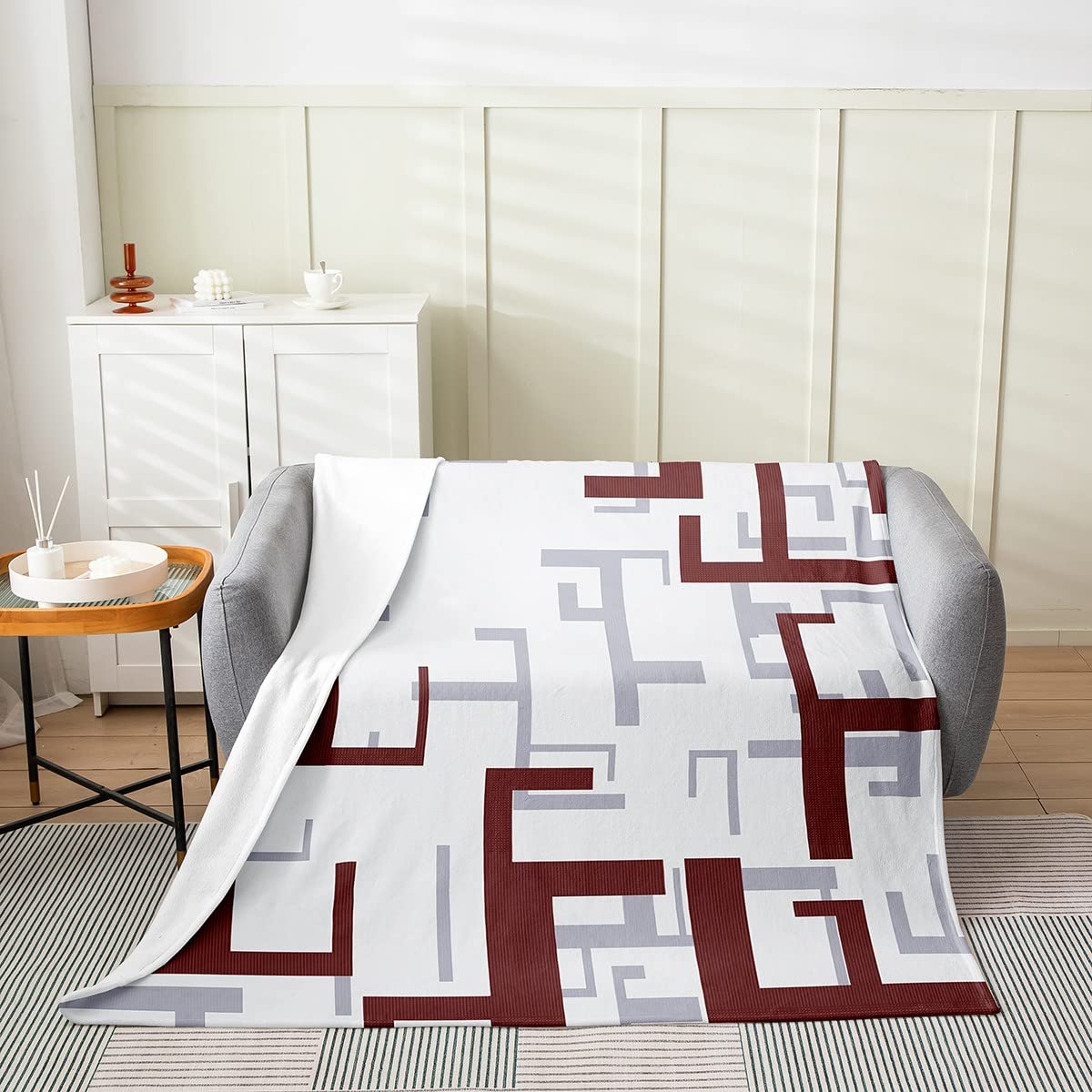 Loussiesd Modern Geometric Plush Blanket Burgundy Stripe Line Flannel Fleece Blanket for Bed Sofa Abstract Art Throw Blanket Super Soft Flannel Blanket Baby 30x40 Inch