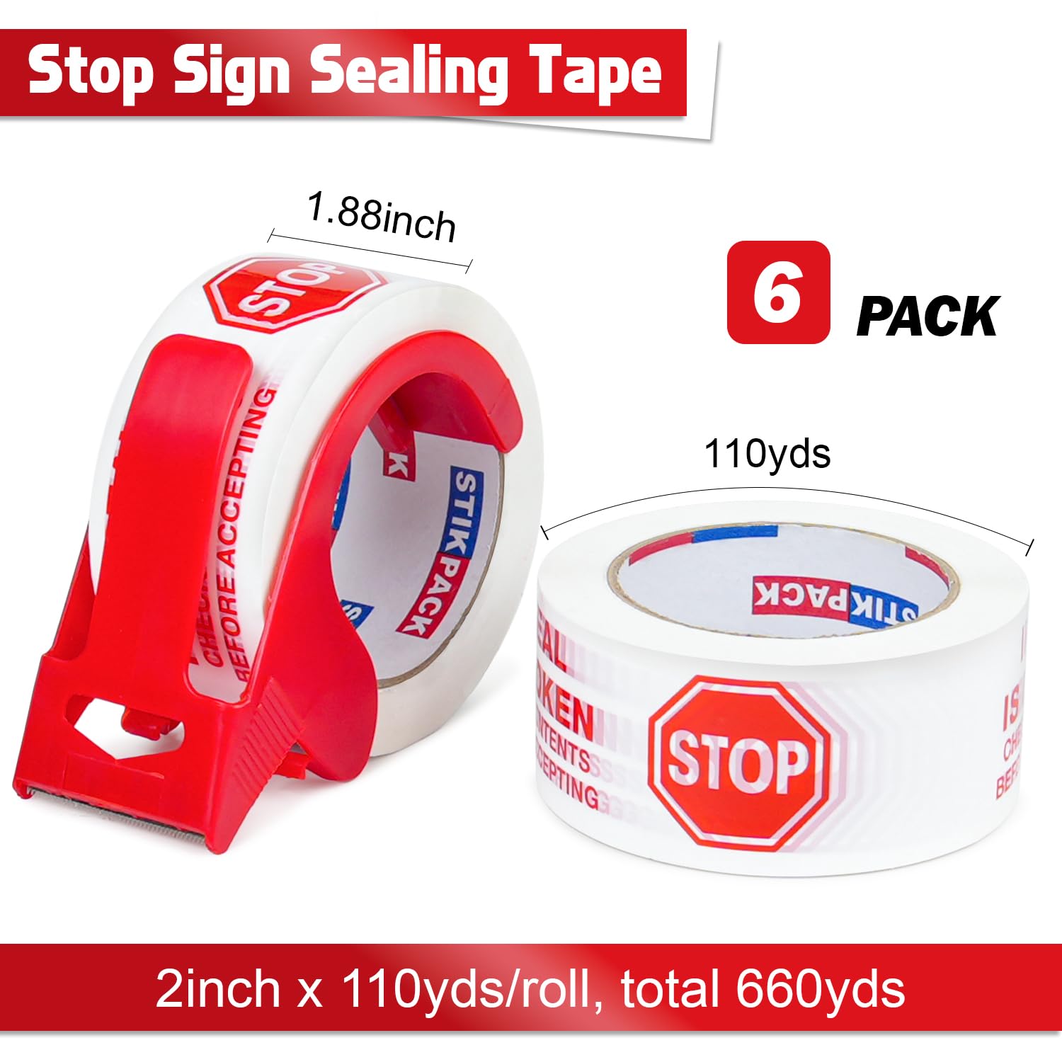 6 Pack Stop Sign Sealing Tape Pre-Printed IF Seal is Broken Check Contents Before Accepting 2 Inch x 110 Yards, Total 660Y, Heavy Duty Packing Tape with Dispenser for Moving and Shipping