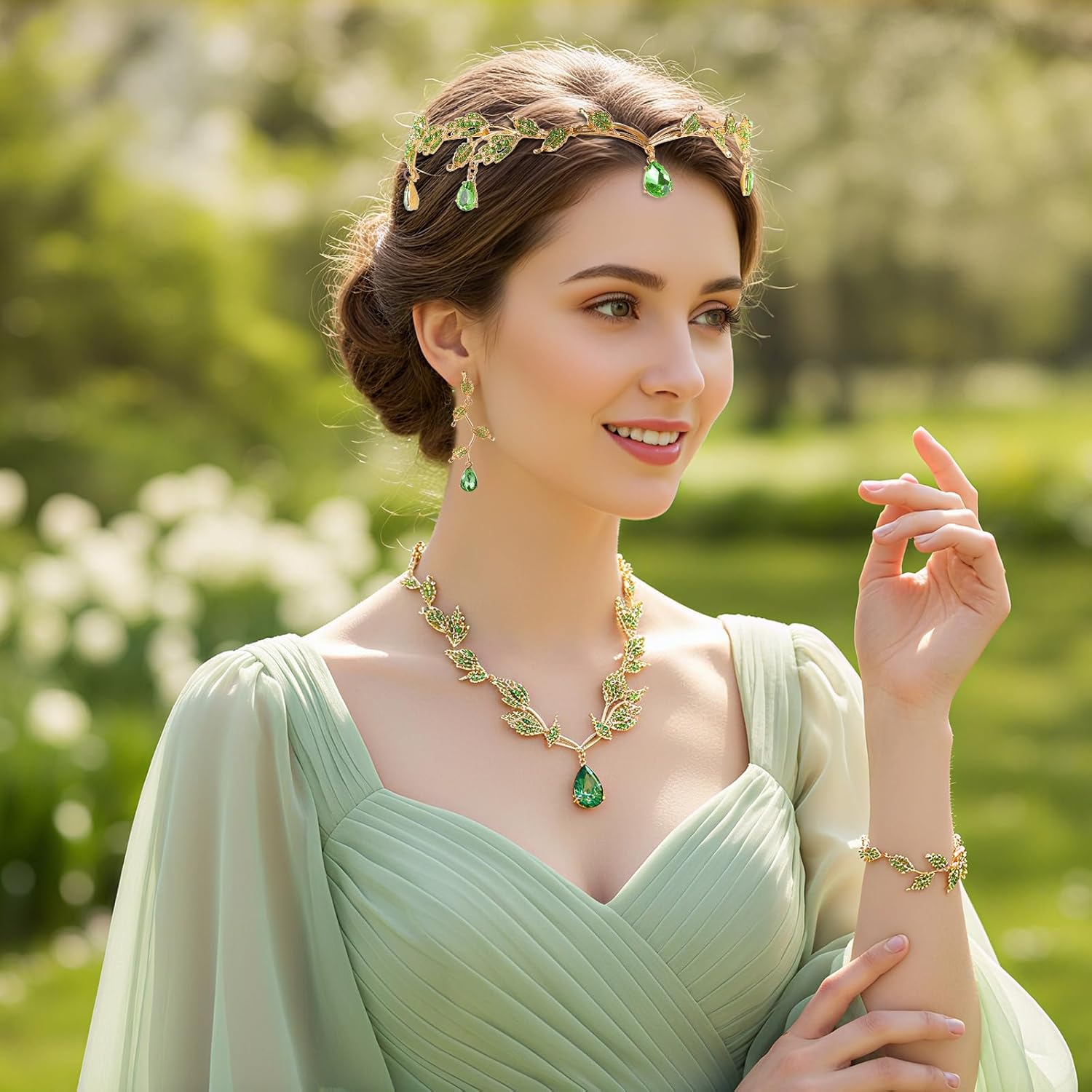 Sasylvia Wedding Jewelry Set for Women, Rhinestone Leaf Tiara Headband Crown Necklace Earrings Bracelet for Women - Image 6