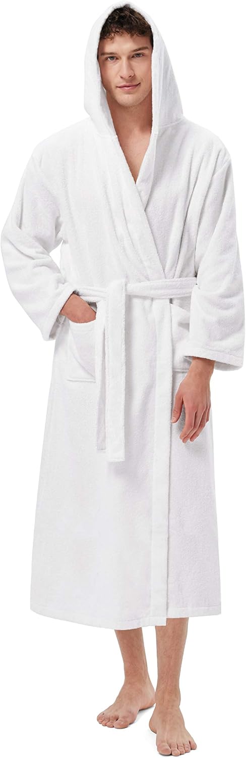 SIORO Mens Terry Hooded Bath Robe, Soft Plush Long Cotton Towel Robes for Spa, Shower, Full Length Big and Tall Bathrobes