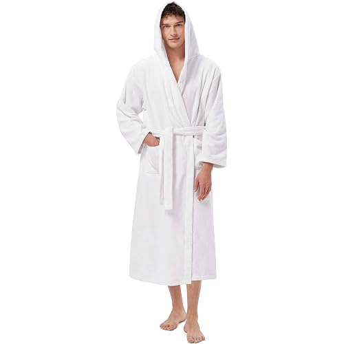 SIORO Mens Terry Hooded Bath Robe, Soft Plush Long Cotton Towel Robes for Spa, Shower, Full Length Big and Tall Bathrobes