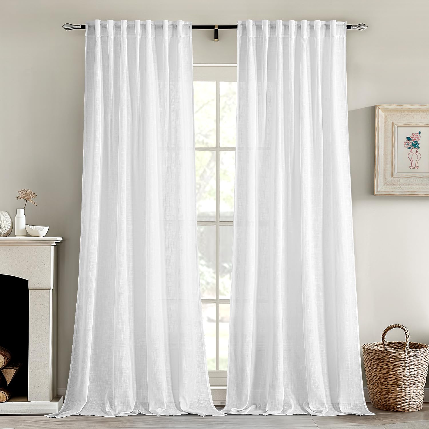 MIULEE White Linen Curtains 90 Inches Long 2 Panels for Bedroom Living Room, Soft Thick Linen Textured Back Tab Window Drapes Semi Sheer Light Filtering Rod Pocket Modern Farmhouse Decor