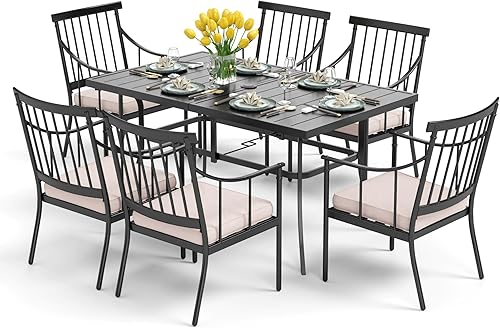Miniatura 15 de PHI VILLA Juego de comedor al aire libre de 7 piezas con cojín, mesa de comedor rectangular de metal de 60 pulgadas con agujero para sombrilla y 6