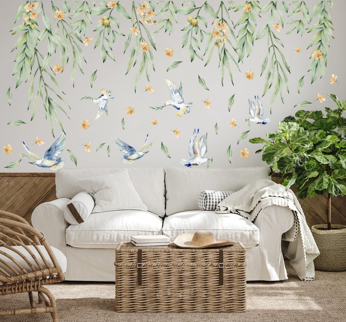 MXAEUK Hanging Green Leaves Wall Decal, Watercolor Botanical Vine with Birds Flower Vinyl Wall Stickers - Image 3