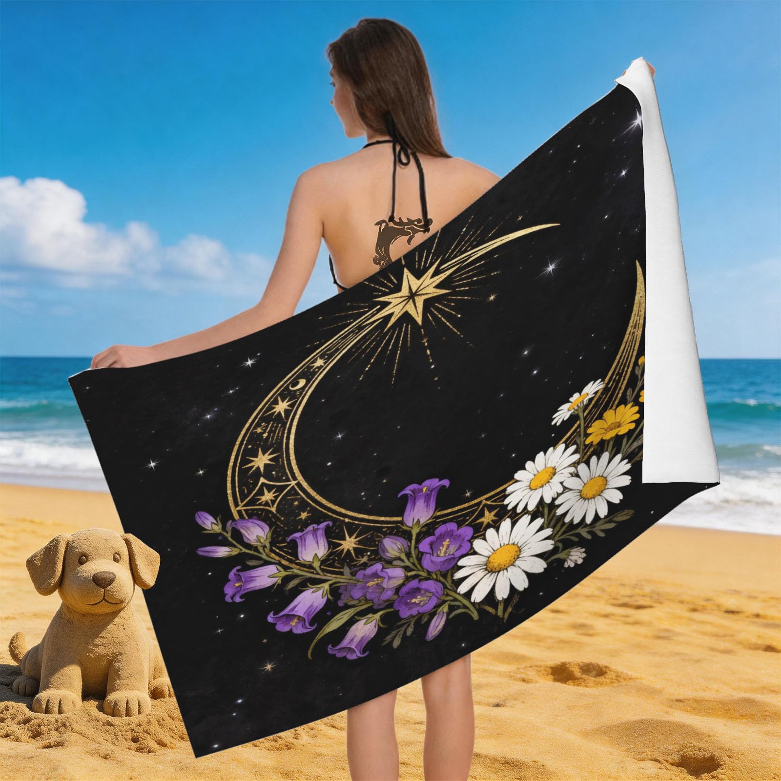 Leichong 3D Moon Beach Towel Microfiber Soft Quick Dry for Adults, Mystical Bath Towel Lightweight Soft Absorbent for Travel Swimming Pool Sports, 75 x 150 cm