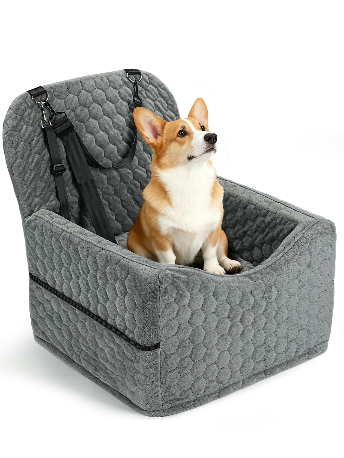 Dog Car Seat for Small/Medium Pets, Adjustable Booster Seat with Safety Leash, Washable Cover & Storage Pockets (Up to 35 lbs, Gray)