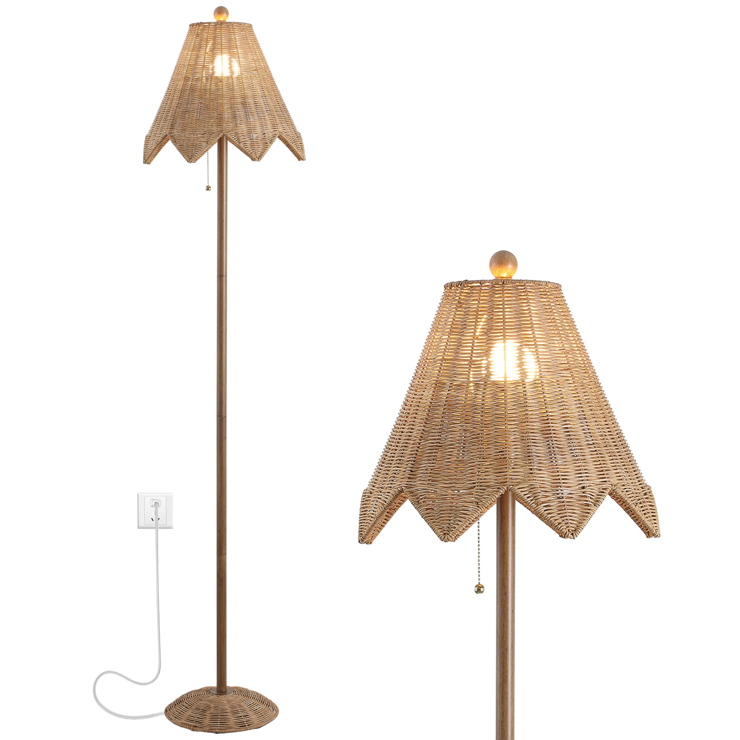 JONATHAN Y 60.5" Natural Brown Rattan Scalloped Floor Lamp, Traditional Coastal Bohemian Wicker Standing Light for Living Room, Pull-Chain, LED Bulb
