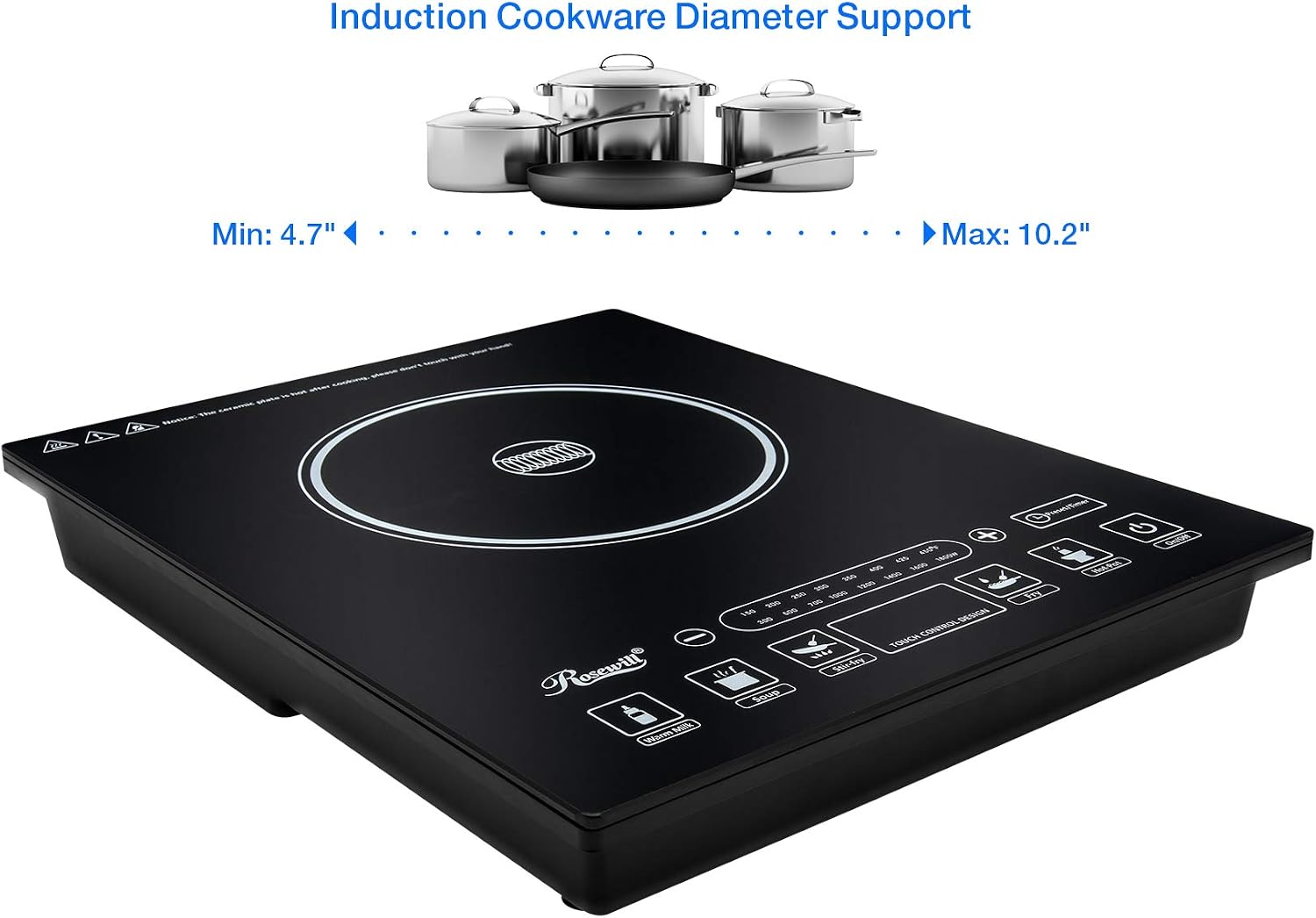 Rosewill Induction Cooker 1800 Watt, 5 Pre-Programmed Induction Cooktop, Electric Burner with Stainless Steel Pot 10" 3.5 QT 18-8, RHAI-15001