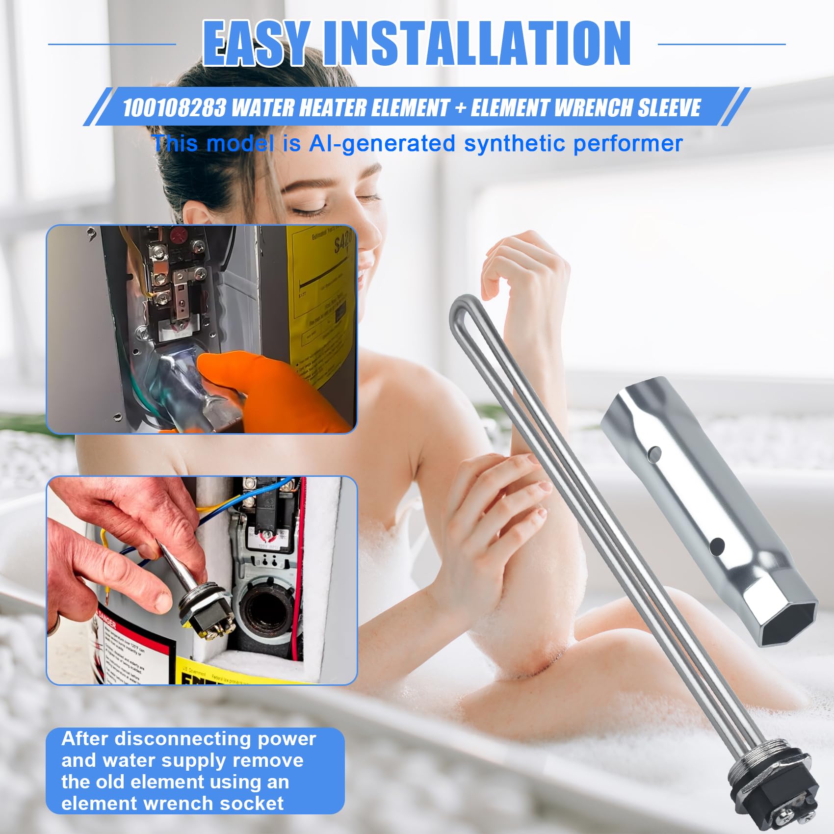 100108283 - Elemento calentador de agua con llave inglesa, para calentadores de agua eléctricos modelo AO Smith, compatible con GE, Kenmore, Whirlpool (100108283 con enchufe, juego de 2)