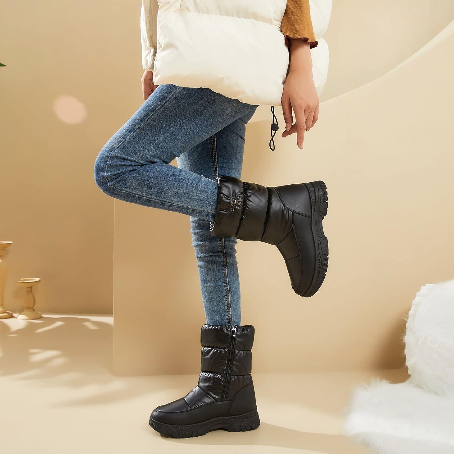 Womens Winter Boots Snow Boots For Women Black Mid Calf Platform Boots Warm Fur Fashion Slip On Boots - Image 8