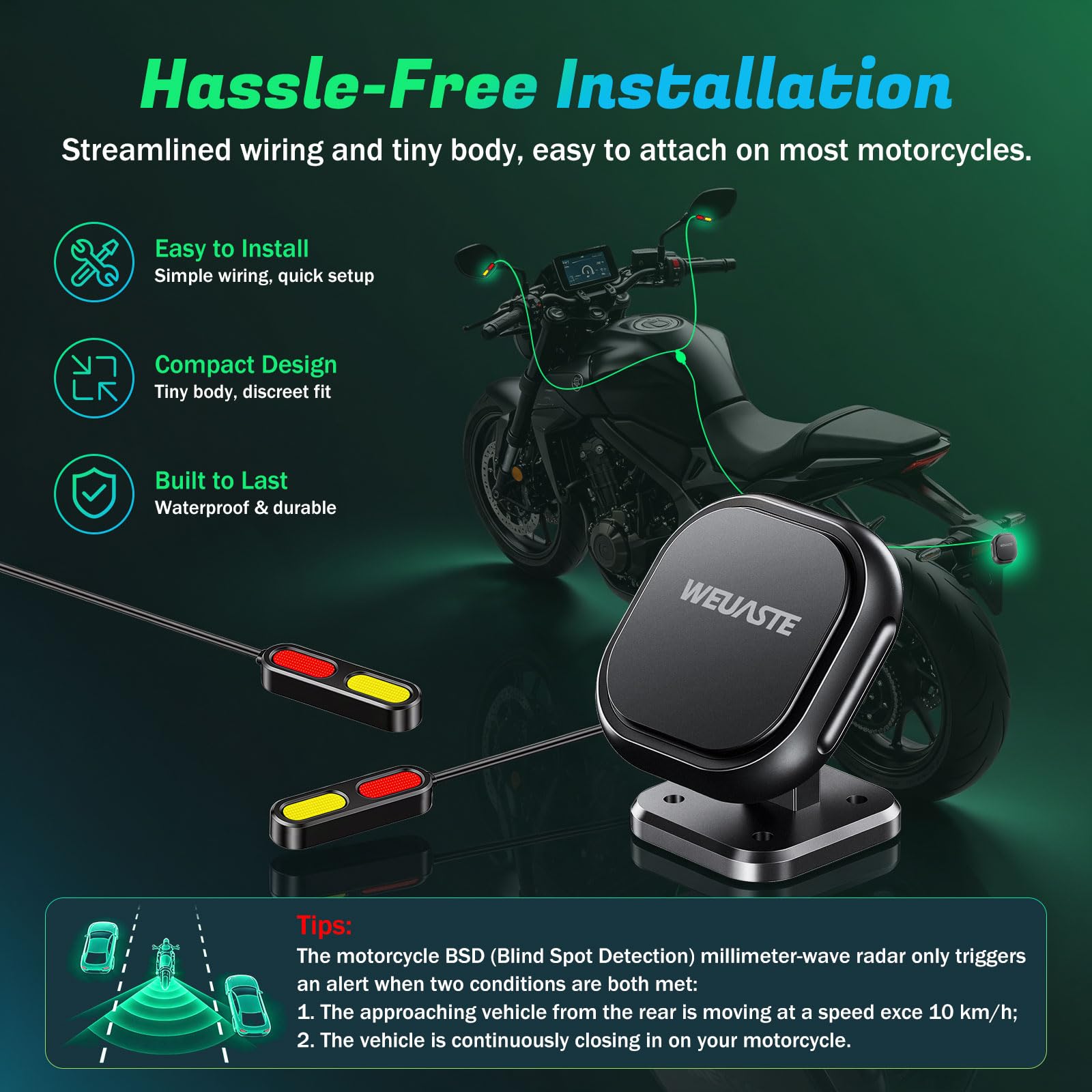 BSD01 - Sistema de detección de punto ciego BSD para motocicleta, radar de onda milimétrica de 24 GHz, advertencia de colisión trasera RCW, impermeable IP69K, protección de seguridad para todo