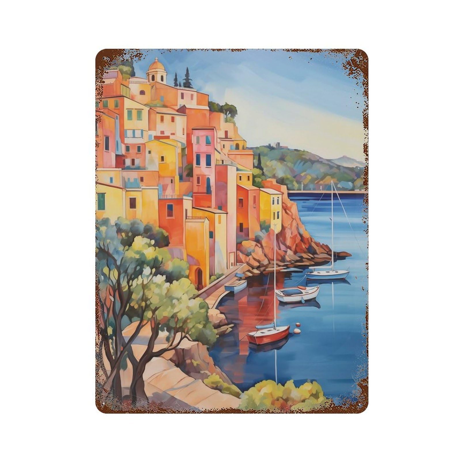 Garage Style Mediterranean Harbor Rustic Tin Plaque 15.7"x11.8", Classic Wall Plaque for Bar And Workshop