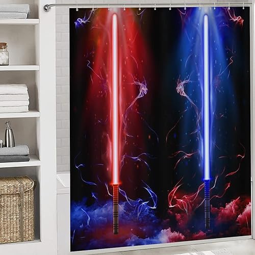 Miniatura 5 de Juego de cortinas de ducha de 4 piezas con sable de luz con temática de película retro, alfombras antideslizantes, cubierta para tapa de inodoro y