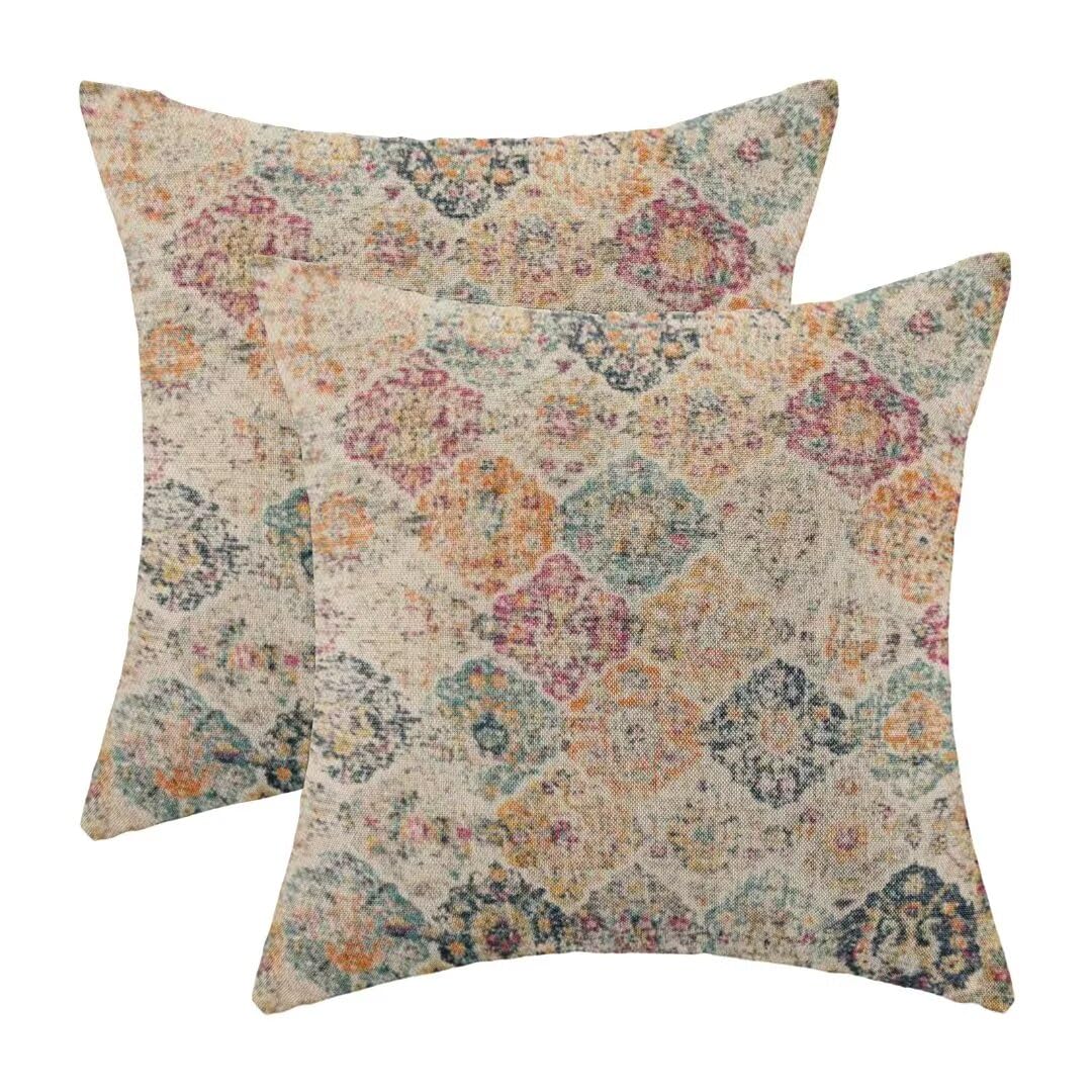 AEIOAE Boho Pillow Covers 16x16 Set of 2 Bohemian Chic Floral Medallion Trellis Decorative Throw Pillow Outdoor Linen Square Colorful Carpet Ethnic