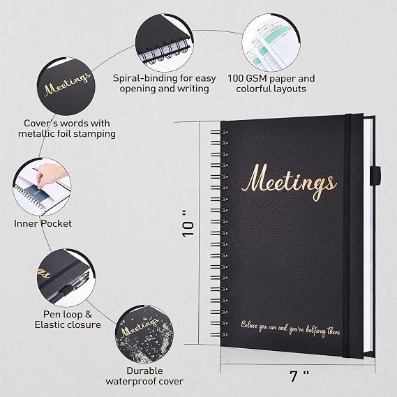 JUBTIC Meeting Notebook for Work with Action Items,Work Notebooks for Note Taking And Agenda Organizer, The Perfect Office Planner Supplies for Women & Men to Manage Project Business(7x10), Black