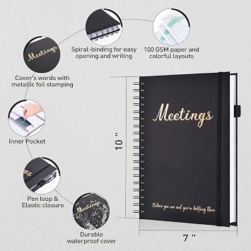 JUBTIC Meeting Notebook for Work with Action Items,Work Notebooks for Note Taking And Agenda Organizer, The Perfect Office Planner Supplies for Women & Men to Manage Project Business(7x10), Black