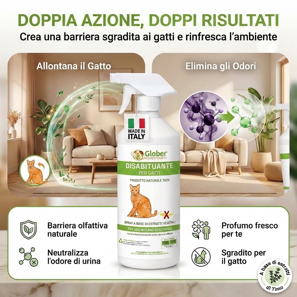GLOBER Disabituante per Gatti Anti Urina - Spray 750ml - Made in Italy, 100% Base Vegetale per Interni ed Esterni - Addestrativo Urine Stop Gatto - Dissuasore Gatti e Elimina i Cattivi Odori