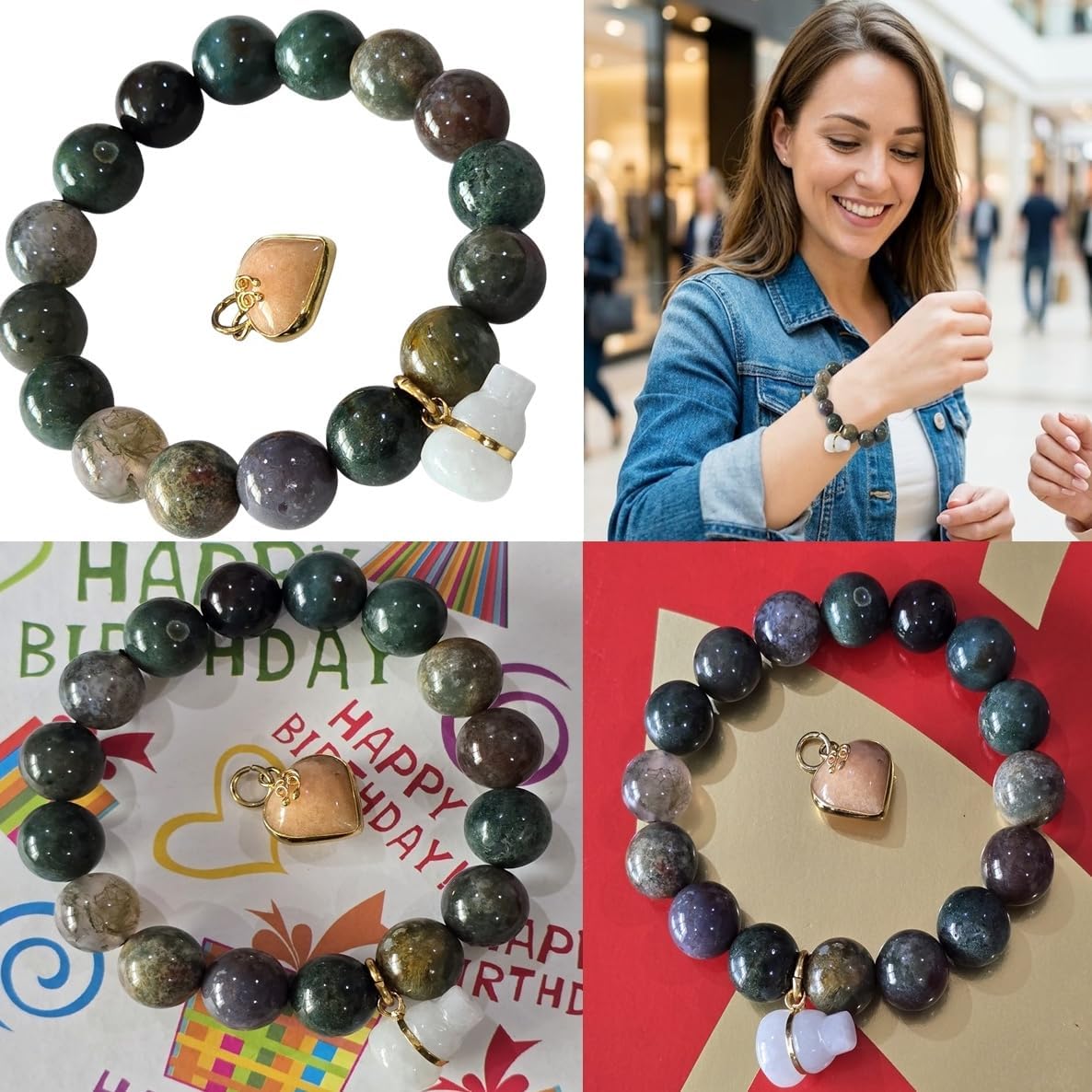 Natural 5 Color Jade Beaded Bracelet, White Gourd Charm with Honey Heart Pendant, Stretch Elastic Fit, Feng Shui Lucky Wealth Bracelet for Women & Men