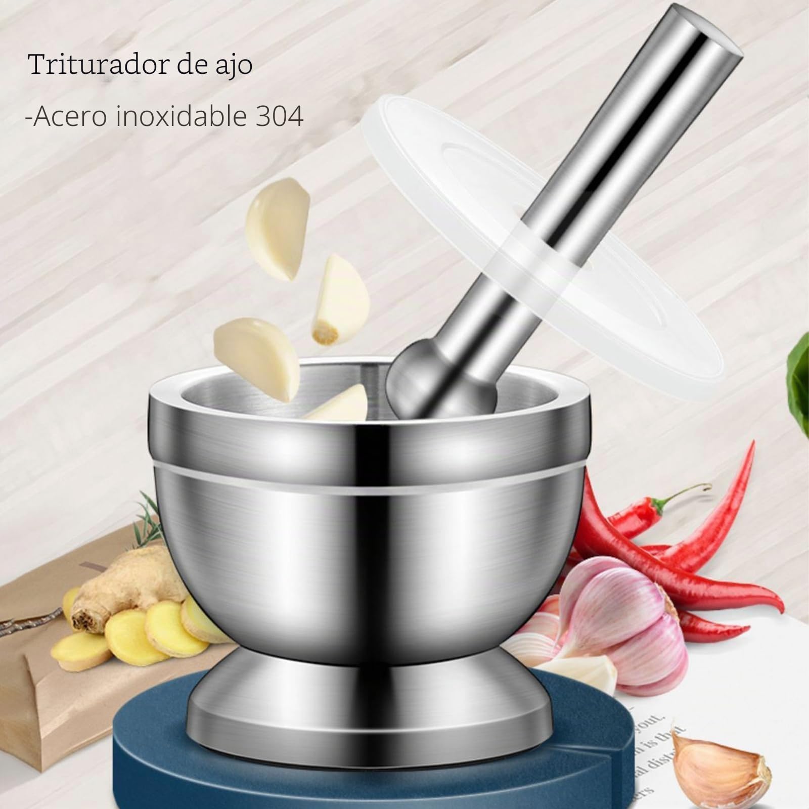 Mortero con Mano - Mortero Cocina - Mortero de Acero Inoxidable 304 con Tapa PE, diámetro 10 cm - Antióxido, Duradero - Para Moler Especias, Hierbas, Ajo, Nueces