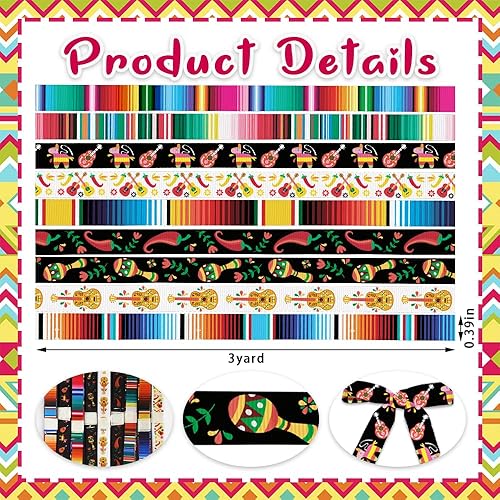 Miniatura 2 de 9 rollos de cinta de fiesta de 38 pulgadas, cintas de grogrén de serape mexicano, colorido, degradado, arcoíris, a rayas, piñata, cactus, guitarra,