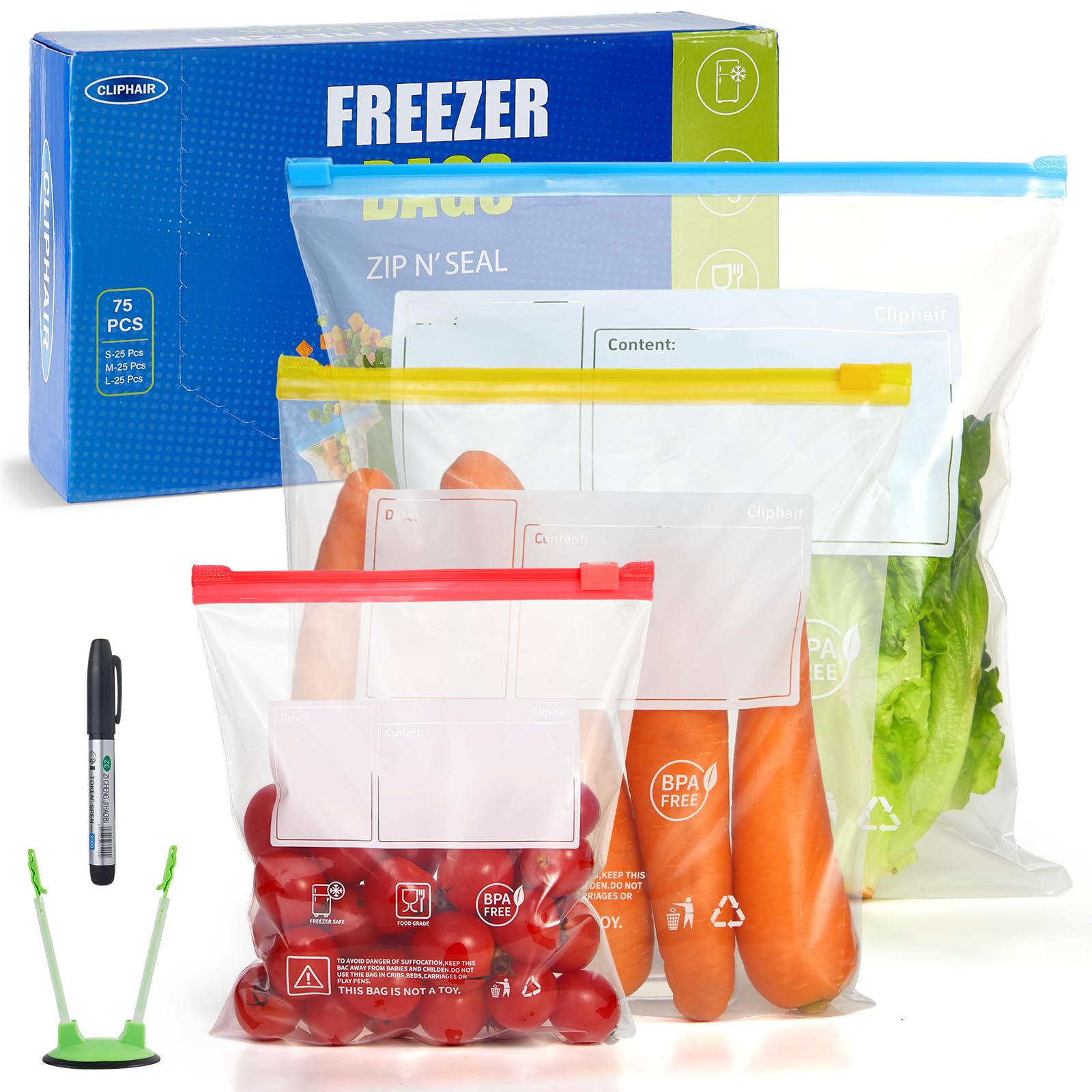 Cliphair Clear 75Pcs Reusable Freezer Bags, 3 Size Zip Lock Bags For Food Storage Fruits, Meats, Vegetables, Snacks - Sandwich Bags With Expandable Bottom