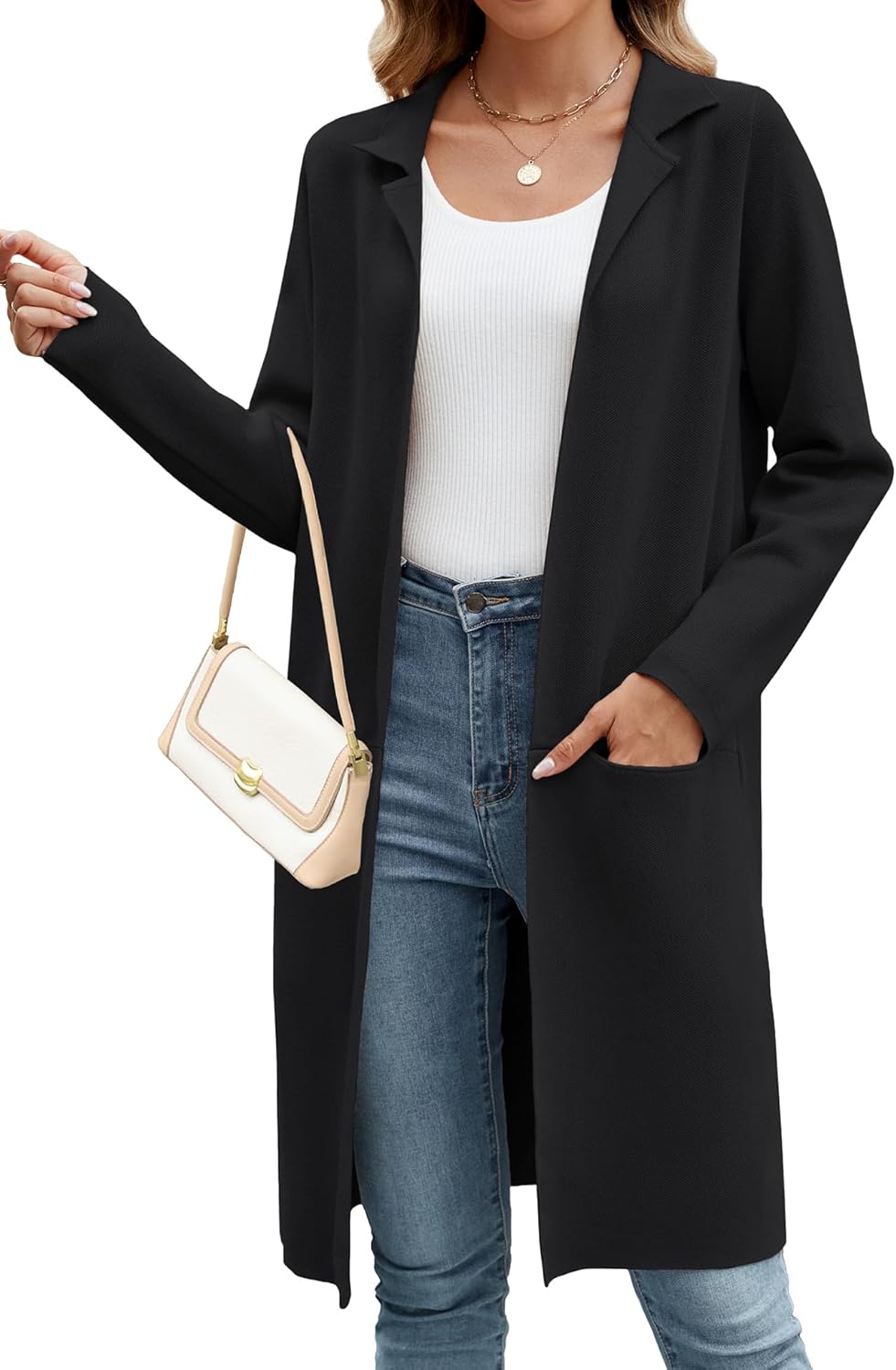 Genhoo Womens Long Cardigan Sweaters Knit Open Front Coatigan Lapel Knee Length Cardigan Coat with Pockets